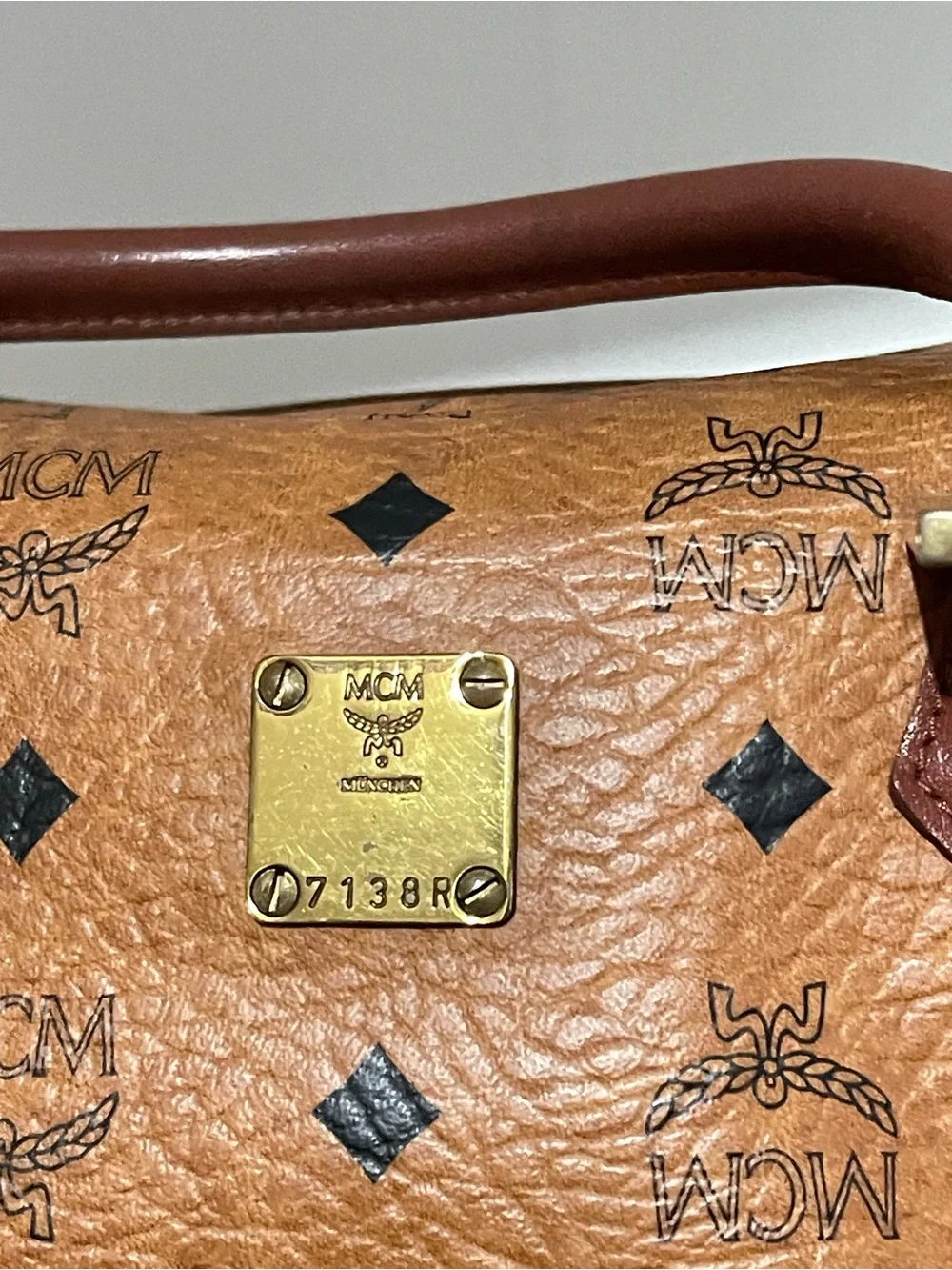 MCM Cognac Logo Visetos Satchel with Brown Leather Trim